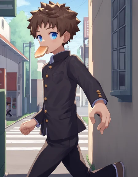 score_9, score_8_up, score_7_up, score_6_up, source_anime, outdoors, street, wall, house, sunlight, from side, 1boy, solo, brown hair, blue eyes, school uniform, gakuran, black pants, toast in mouth, running, looking at viewer <lora:rukiruki_AMXL_v1e-ShoAI:1>
