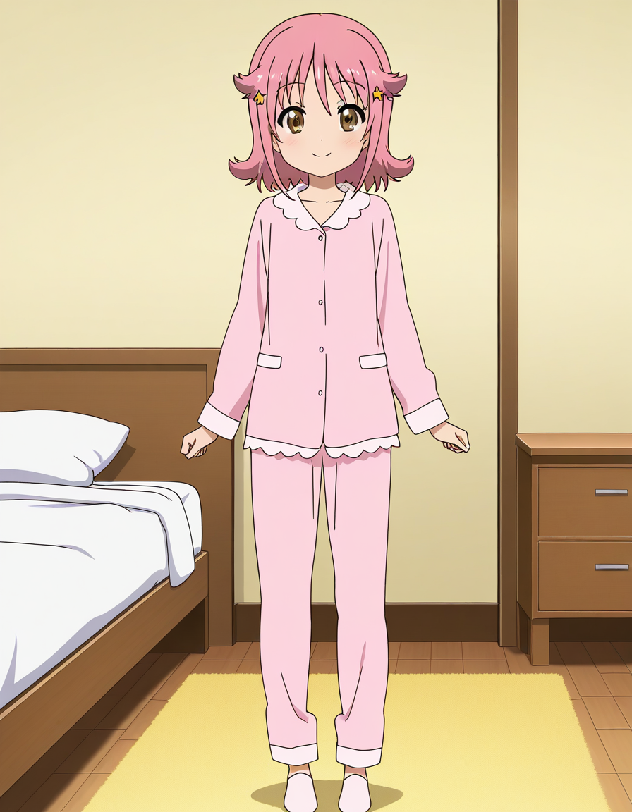 general,highres, ultra-detailed,very aesthetic,best quality ,best hands,  BREAK <lora:Subaru_Houkago_no_Pleiades_IS:1>subaru(Pleiades), 1girl, solo, pink hair, short hair, brown eyes, star hair ornament, anime coloring,
full body, smile,  flipped hair, pink pajamas,ãsmile,
looking at viewer, standing,  reference sheet, solo,
bed room,
