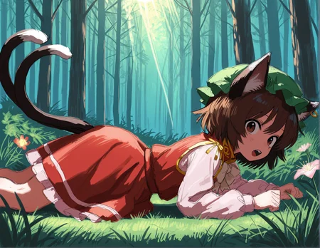 1girl, Chen, touhou, dark brown eyes, brown hair, green cap, cat ears, gold earring, two tails, red dress, bow on collar, gold trim, light pink frills, pink sleeves, looking at viewer, laying in grass, laying on stomach, open mouth, bent leg, surprised, BREAK , from side, side view, forest, sun rays, ((bloom)), ((shadows)), (strange) flower, BREAK , best quality, highres, extremely detailed, (oil painting), (sketch) <lora:HBRSK_LR3e-4T3e-564dim_4ks:1.05>