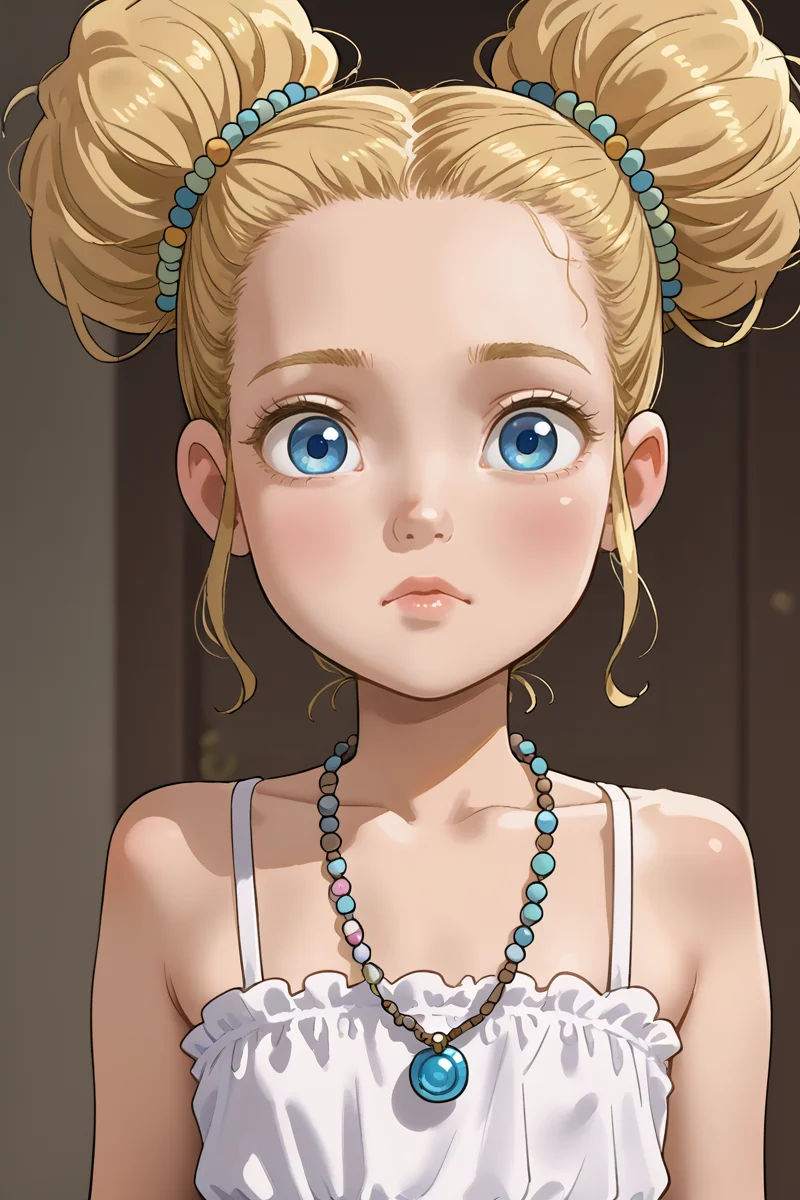 <lora:Goldilocks:0.8>
1girl, solo, young, female child, goldilocks, blonde hair, blue eyes, hair buns, hair ornaments, necklace, pretty, cute, flat chest,
confused, looking at viewer,
<lora:Jabstyle_AMXLV1:1>