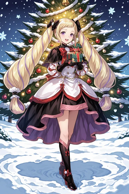 anime screencap, anime coloring, detailed face, masterpiece, best quality, very aesthetic, absurdres, bokeh, volumetric lighting, official style, amazing quality, ultra detailed, highres, amazing quality, scenery, beautiful detailed hair,
<lora:Elise_Fire_Emblem_Heroes:.8>
outside, in the snow, Christmas tree, snowing, snowflakes,
Elise Sweetheart Royals (appearance),
elise (fire emblem), solo, 1girl, long hair, blonde hair, purple eyes, twintails,
black hairbow, holding a gift, smile, open mouth, dress, full body, looking at the viewer,