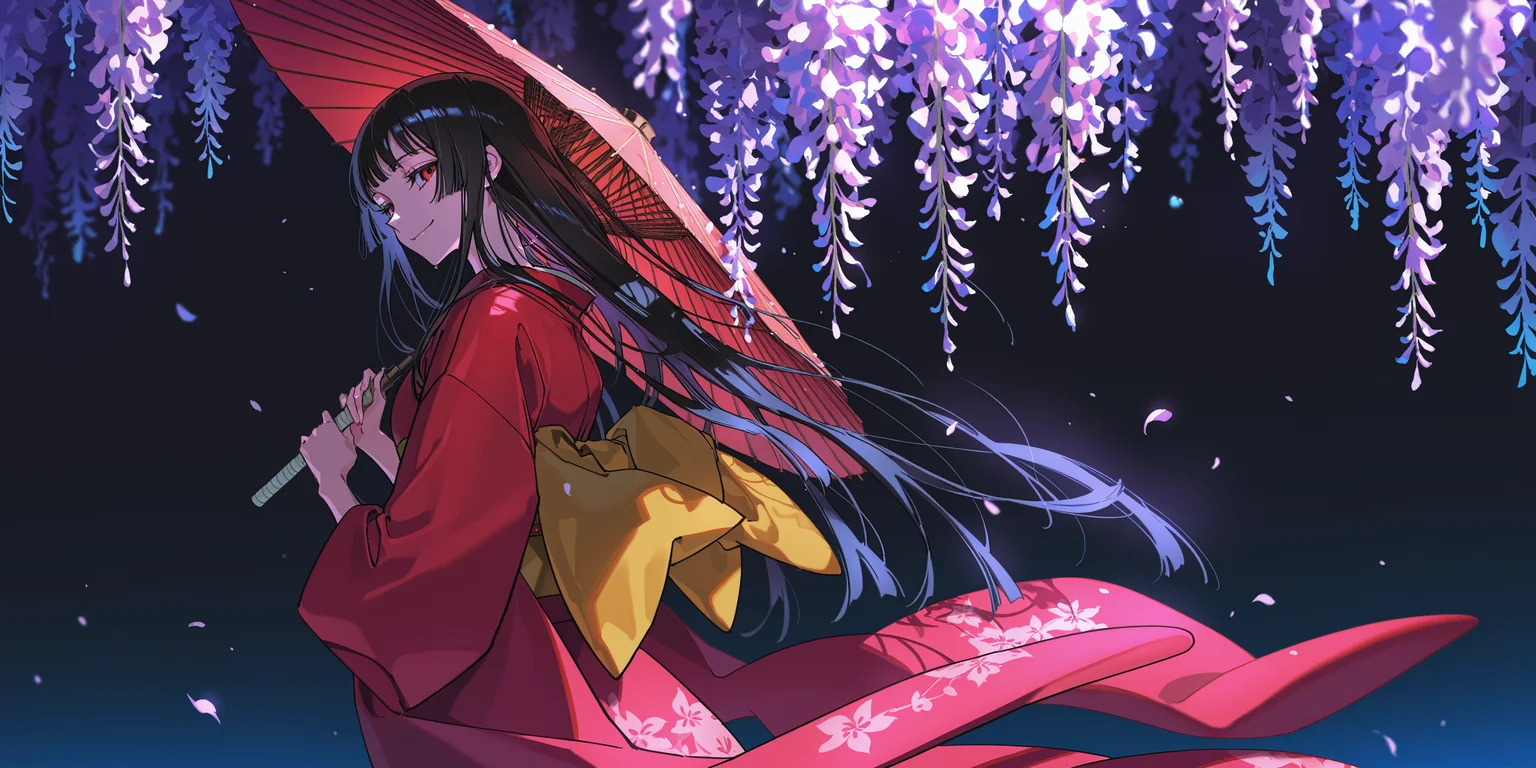 masterpiece, best quality, absurdres, safe
1girl yuuko ichihara, solo, black hair, red eyes, standing, smile, kimono, from side, looking back, looking at viewer, wisteria,
holding umbrella, oil-paper umbrella, dark background, [underwater::0.3], petals
artist:yoneyama mai
<lora:xxxholic_il_1_d16:1>