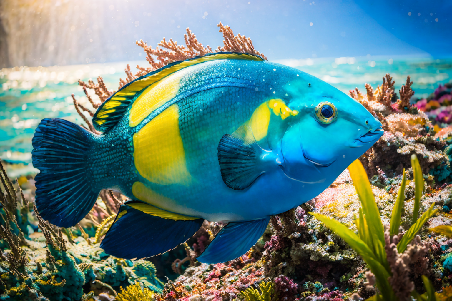 (masterpiece, best quality:1.2), ultra-detailed, ocean Green, yellow, and blue EdobFish, (realistic:1.5), <lora:EdobFish_v1.0:1>