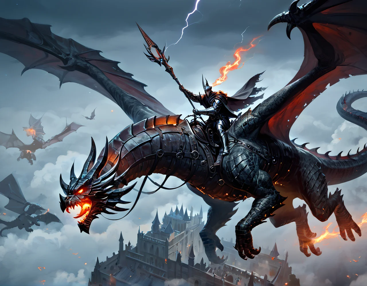 score_9, score_8_up, score_7_up, nighttime, epic image of an armored man riding a huge dragon through a dark sky, flying, lightning, black armor, darkness, horns, horned helmet, dark mood, otherworldly, dark clouds, dark lord, holding staff, glowing eyes <lora:dragonriderpxl:0.8>, dragonriderpxl, motion, action shot, best quality, masterpiece, vortex in sky, dark magic, above the clouds, <lora:eldringpxl:0.7>, eldringpxl