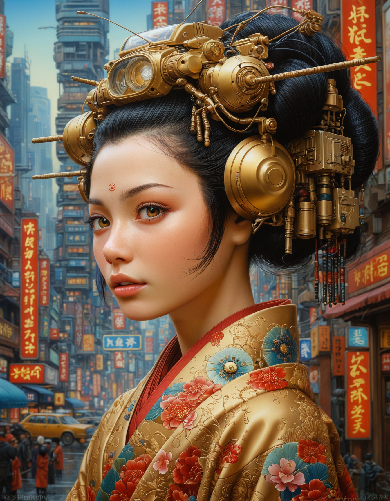 highly detailed and hyper realistic traditional painting by Naoto Hattori and by Boris Kustodiev, a extremely beautiful neotraditional cyberpunk geisha in a futuristic cyberpunk setting of Neo Tokyo , limited palette, monochrome, atmospheric haze, highly dramatic lighting, professional, excellent composition, finest details, maximized details, ultimate detail level, masterpiece, best quality