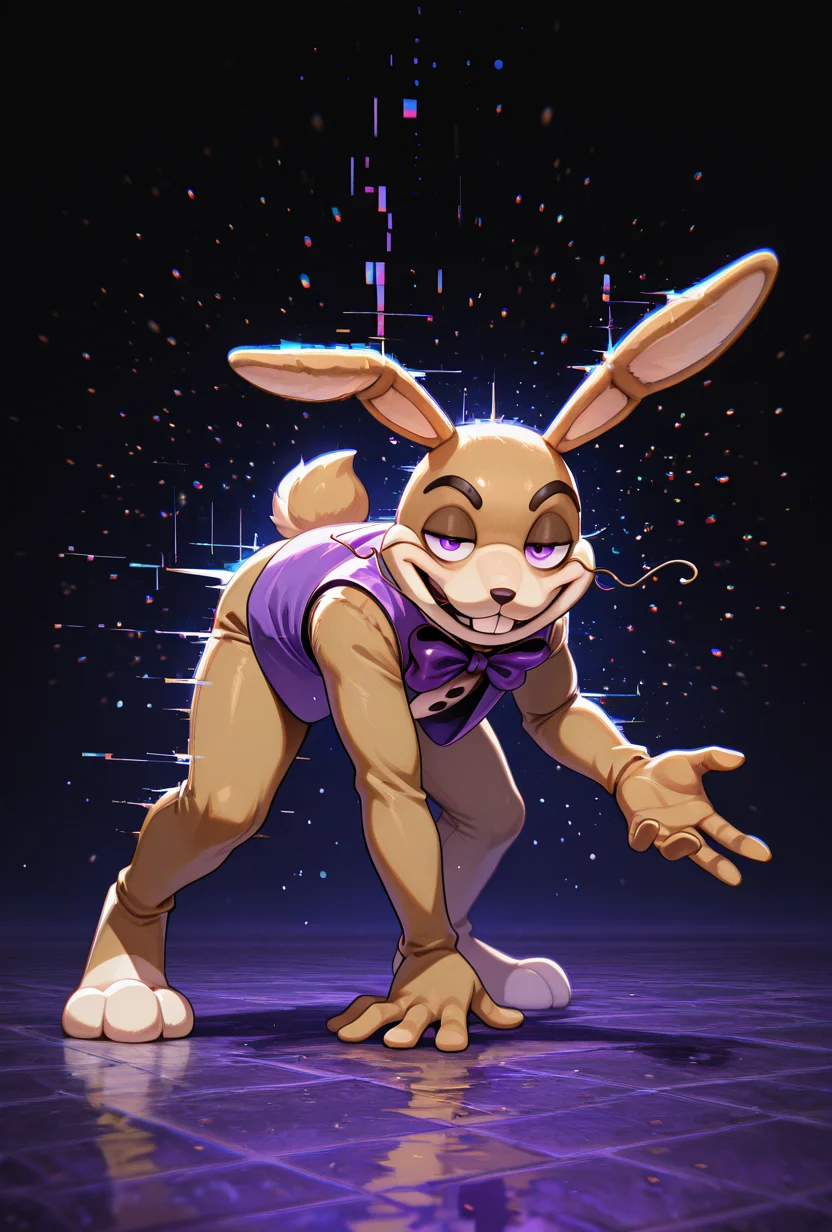 <lora:glitchtrap-02:1> glitchtrap, smile, purple bowtie, purple vest, , furry, 1boy, rabbit ears, dynamic pose, glitch effects, glitch particles, masterpiece, best quality, amazing quality, very aesthetic, absurdres, newest,