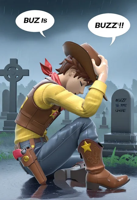 masterpiece,best quality,amazing quality,very aesthetic,absurdres,newest, beautiful color,
ToyWoody, solo, 1boy, brown eyes, brown hair, cowboy hat, yellow shirt, cowboy boots, red bandana, jeans, holster, sheriff badge, vest, wet skin, wet hair,
detailed hands, sitting on ground, sitting next to grave, head tilted down, eyes closed, hands on head, outdoors, graveyard, raining, 3d, side view,  dynamic pose,
 super smash bros style, fake screenshot, ingame, 3d model, smash bros stage, stage background, dynamic pose, speech bubble,english text, talking, "BUZZ IS GONE" in the speech bubble