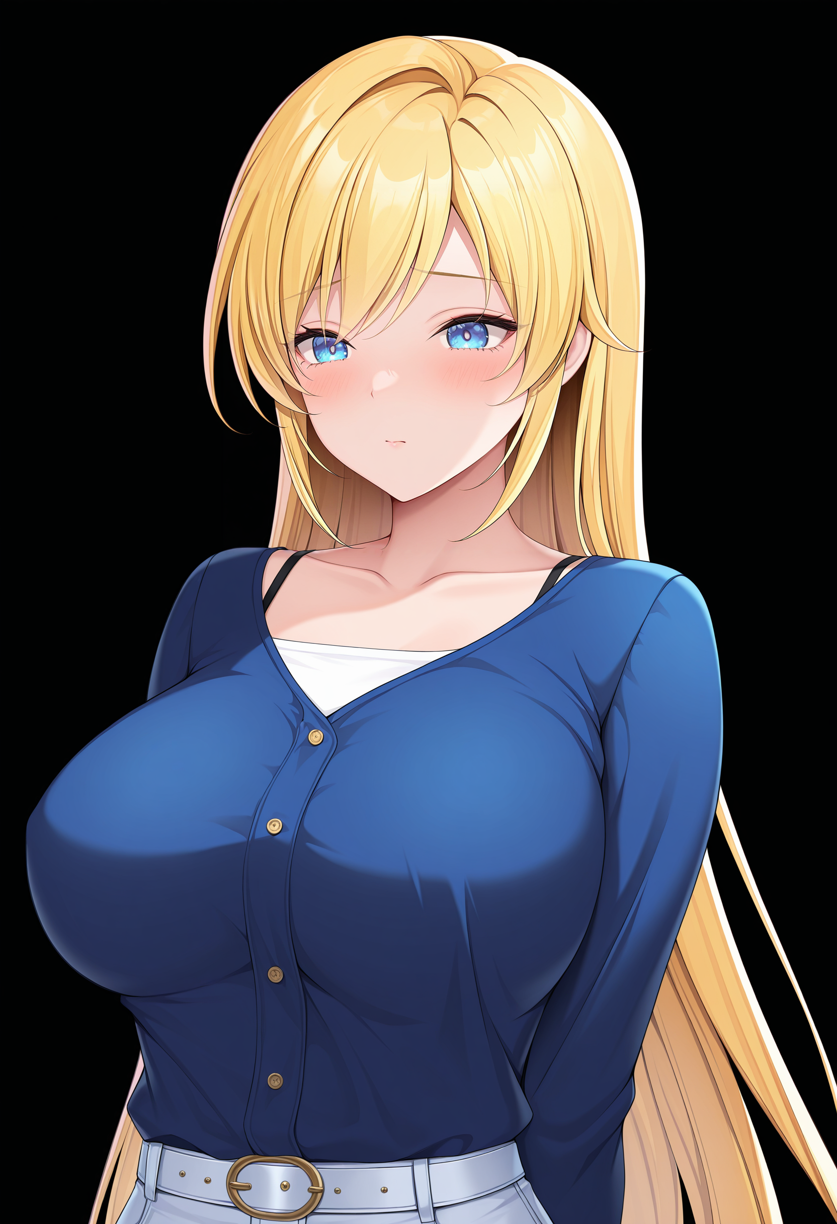 masterpiece, absurdres,amazing quality, best quality, extremely detailed, detailed background, <lora:character_cg:1>,1girl, large breasts, casual outfit, blonde hair, blue eyes ,character cg, upper body cg, black background