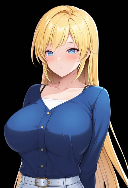 masterpiece, absurdres,amazing quality, best quality, extremely detailed, detailed background, <lora:character_cg:1>,1girl, large breasts, casual outfit, blonde hair, blue eyes ,character cg, upper body cg, black background