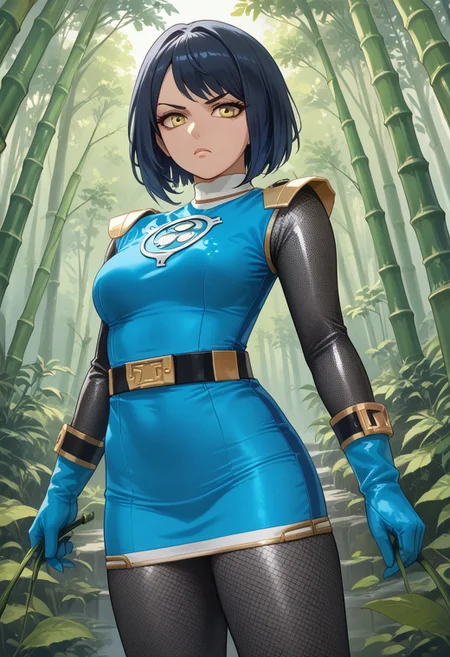 score_9, score_8_up, score_7_up, BREAK,
1girl, solo, BREAK,
sentaikageblue, shiny clothes, spandex, BREAK,
silver bodysuit, fishnet bodysuit, bodysuit under clothes, aqua dress, shoulder pads, aqua skirt, black belt, BREAK,
aqua gloves, no headwear, BREAK,
ku70u5a4a, dark hair, short hair, yellow eyes, medium breasts, thick thighs, BREAK,
standing, serious, BREAK,
dutch angle, outdoors, forest, bamboo, evening,
