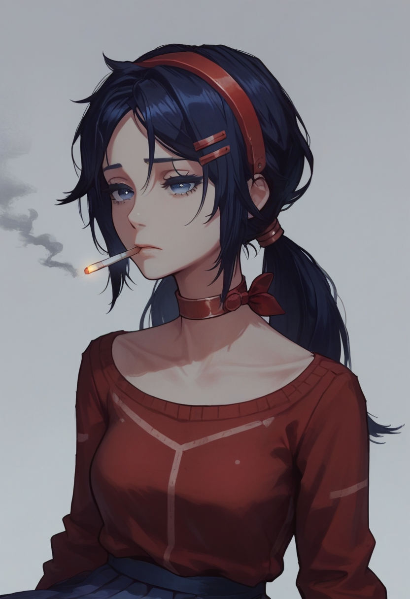score_9,score_8_up,score_7_up,score_6_up,score_5_up,1 girl, sitting, on the side, half-closed eyes, leaning back, sad, smoking, holding cigarette,  head tilted back, dark blue eyes, dark blue hair, braids hair, red hairband, choker, red sweater, blue skirt, hair ornament, simple background, comforting, plants, cinematic lighting, volumetric lighting  <lora:Mita:0.83>  <lora:Pony_DetailV1.0:0.4> <lora:Concept Art Twilight Style SDXL_LoRA_Pony Diffusion V6 XL:0.8> <lora:[GP] somethingweird [Pony XL]:0.2> <lora:g0th1cPXL:0.3> <lora:Anime Summer Night Style SDXL_LoRA_Pony Diffusion V6 XL:0.3>