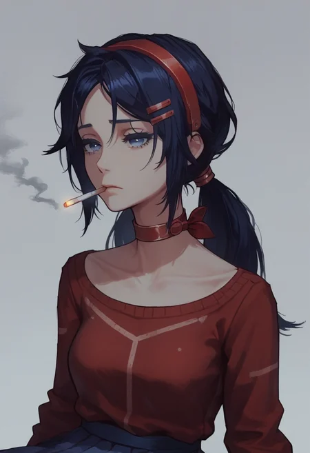 score_9,score_8_up,score_7_up,score_6_up,score_5_up,1 girl, sitting, on the side, half-closed eyes, leaning back, sad, smoking, holding cigarette,  head tilted back, dark blue eyes, dark blue hair, braids hair, red hairband, choker, red sweater, blue skirt, hair ornament, simple background, comforting, plants, cinematic lighting, volumetric lighting  <lora:Mita:0.83>  <lora:Pony_DetailV1.0:0.4> <lora:Concept Art Twilight Style SDXL_LoRA_Pony Diffusion V6 XL:0.8> <lora:[GP] somethingweird [Pony XL]:0.2> <lora:g0th1cPXL:0.3> <lora:Anime Summer Night Style SDXL_LoRA_Pony Diffusion V6 XL:0.3>