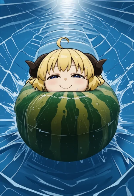 water slide, on back,splashing,water,wet, bent legs,
Watamelon, smile, smug, half-closed eyes, no humans, creature, chibi, watermelon, all fours,
TsunomakiWatame, horns, long hair, ahoge,
<lora:water_slide_V1_edited-sv_0.97-16:1> <lora:ChamWatamelonPonyXL:1> <lora:ChamTsunomakiWatamePonyXL:1>