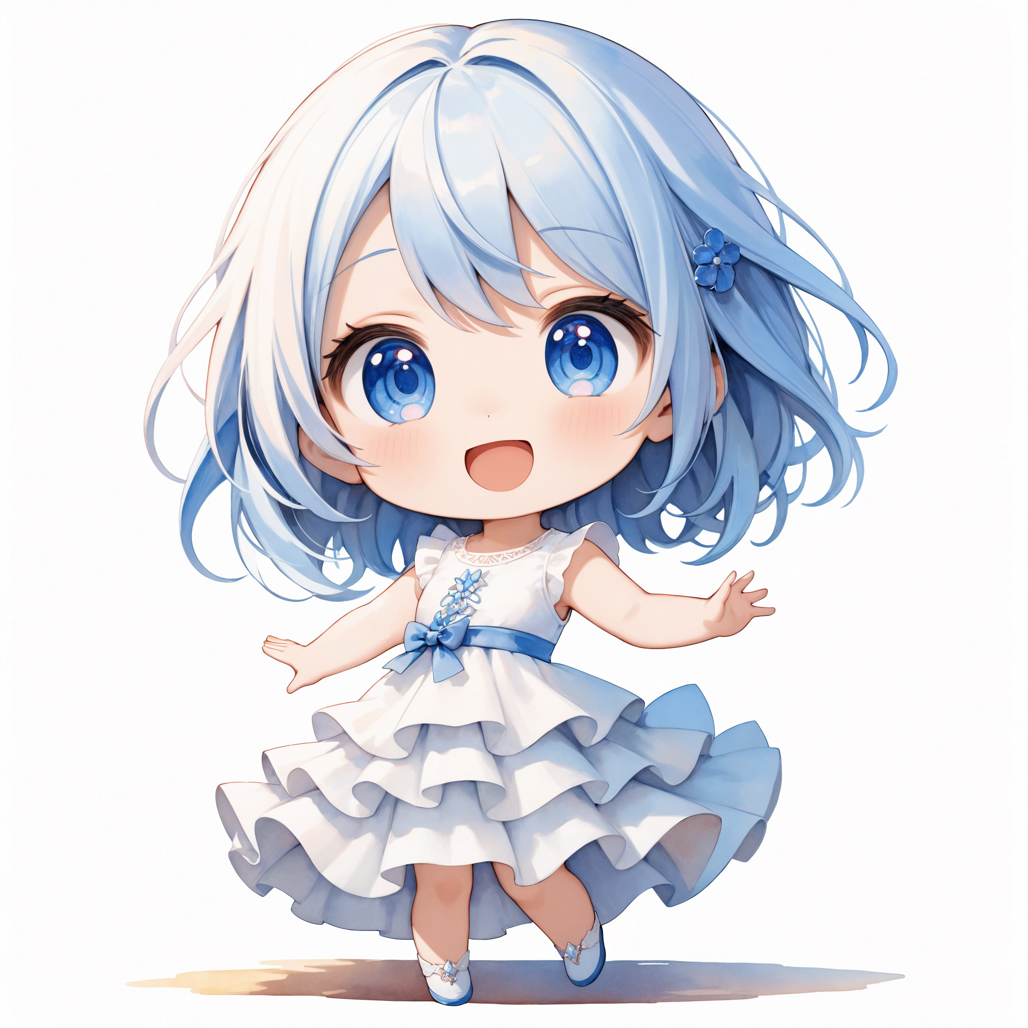 SceneDescription:
  - Composition: Full body shot.
  - Subject: A cute girl.
    - Characteristics:
      - Clothing: White layered dress.
      - Expression: Amused expression. Open mouth.
      - Posing: Dynamic pose. Looking at viewer.
  - Background: No background. White background.
ArtStyle: Chibi. Deformed. Watercolor. Traditional media.
Quality: Intricate details. Extremely detailed. Outstanding intricacies. (Masterpiece:1.2). (Best quality:1.2). (Absurdres absolutely resolution:1.4).
Mood: Serene atmosphere.
