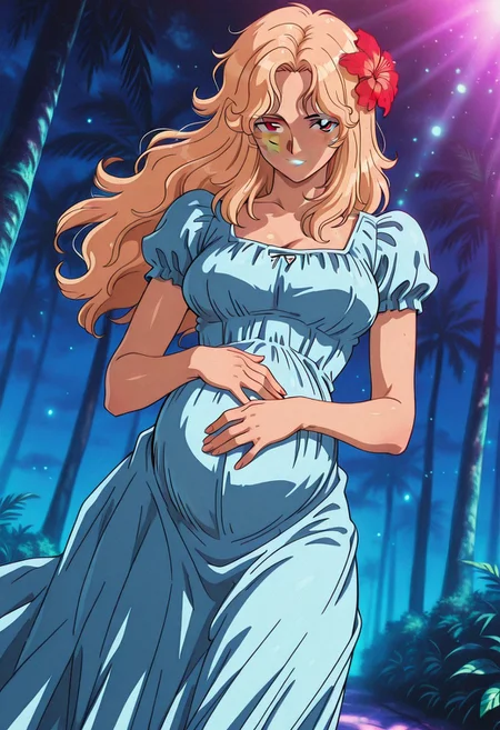 PortgasDRougeOP, 1 girl, solo, long hair, wavy hair, pink-blonde hair, flower, hair flower, brown eyes, lips, large breast, dress, long dress, short sleeves, freckles, puffy sleeves, hibiscus, sandals, light blue dress,
,seductive pose, sexy pose, tease,
masterpiece, best quality, fine details, intricate details, depth of field, subsurface scattering, bokeh,
ultra-detailed, very aesthetic, detailed background, newest, scenery, highres, absurdres, colorful, vibrant, glowing, perfect face, 2d, perfect eyes, vibrant saturated colors, volumetric lighting, sharp, detailed eyes, perfect anatomy, perfect face, perfect eyes, mature body, clear eyes, beautiful eyes, athletic, curvy body, athletic girl, perky tits, perfect tits, round breasts, pinup pose, teasing, lustful expression, perfect hands,
muscular female, dutch angle,
, pregnant, hand on own stomach, happy mother, outdoors, smile,
,Smooth Negative, Smooth_Quality,
90s_anime_aesthetic, 1990s (style), retro, retro artstyle,dark_fantasy_style, dark fantasy, retro,