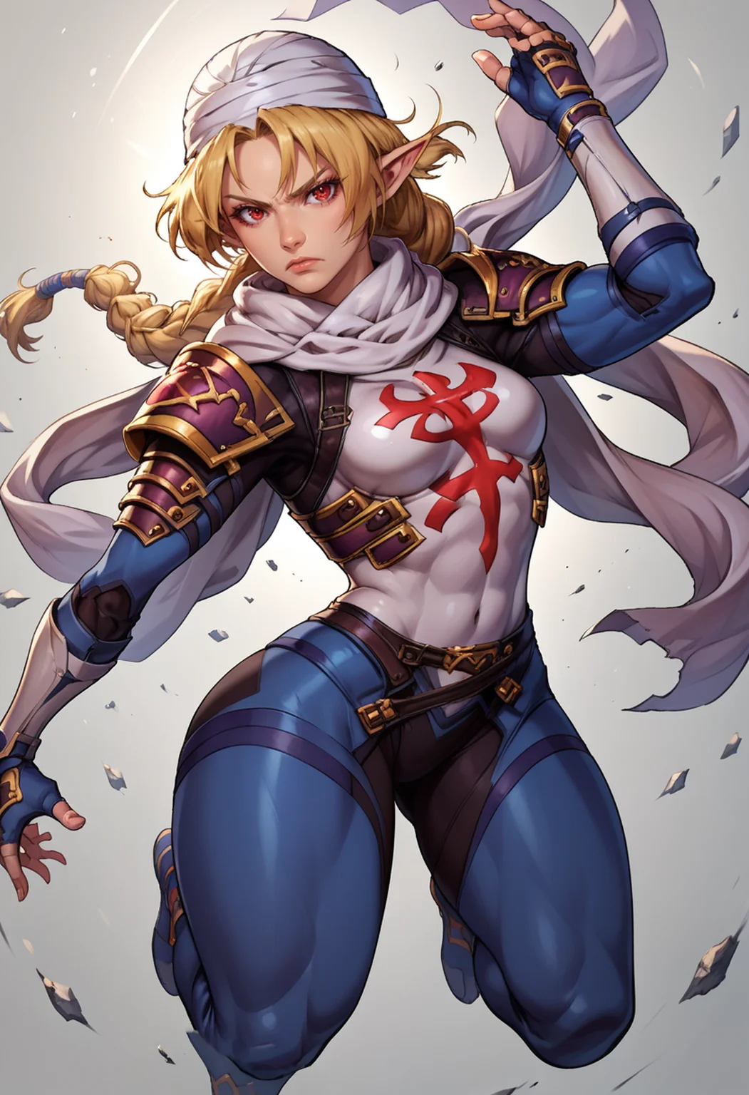 score_9, score_8_up, score_7_up, score_6_up, score_5_up, score_4_up, rating_safe, 1girl, breasts, solo, Sheik \(Ocarina of Time)\, serious, looking at viewer, fighting stance, in air, grey background, simple background, blonde hair, short hair, curtain bangs, single braid, red eyes, pointy ears, hat, turban, scarf, holding kunai, thick thighs, small breasts, wide hips, blue sheikah bodysuit, light armor, realistic
<lora:SheikSDXL:1>