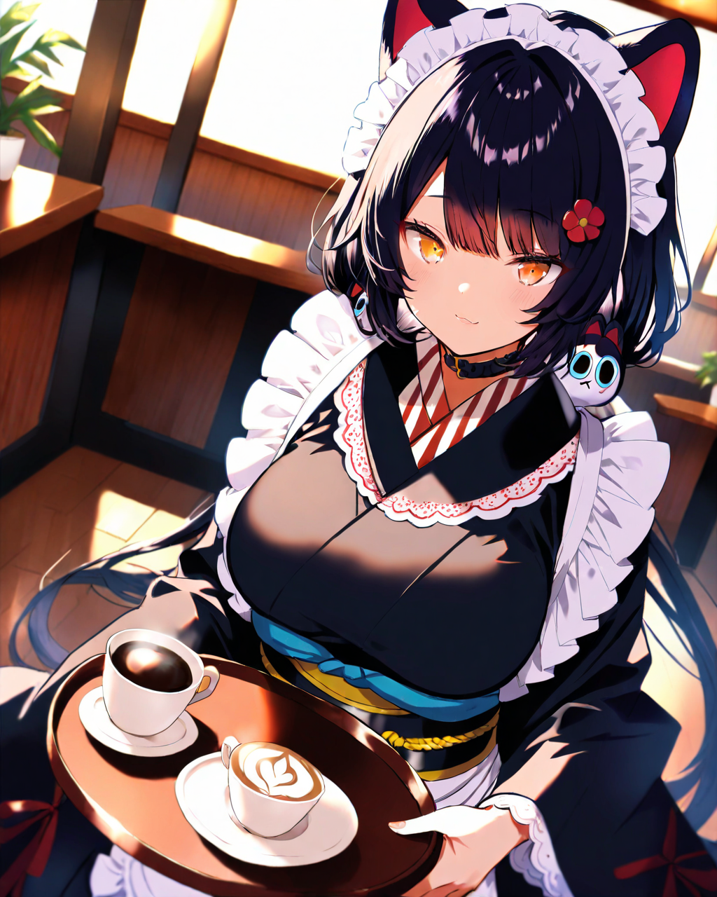 InuiToko,
1girl, solo, dutch angle, from above, upper body,
long hair, black hair, 
maid headdress, animal ears,
yellow eyes, heterochromia, red eyes, 
low twintails,
dog hair ornament,
hair flower,
smile,
carrying,
holding tray, coffe,
black kimono, large breasts,
maid apron, long sleeves,
obi,
cafe,
<lora:kp_InuiTokoAnimagineXL_v1_0:1.0>,
masterpiece, best quality, absurdres, 
ultra-detailed, moody lighting,
detailed eyes, depth of field,