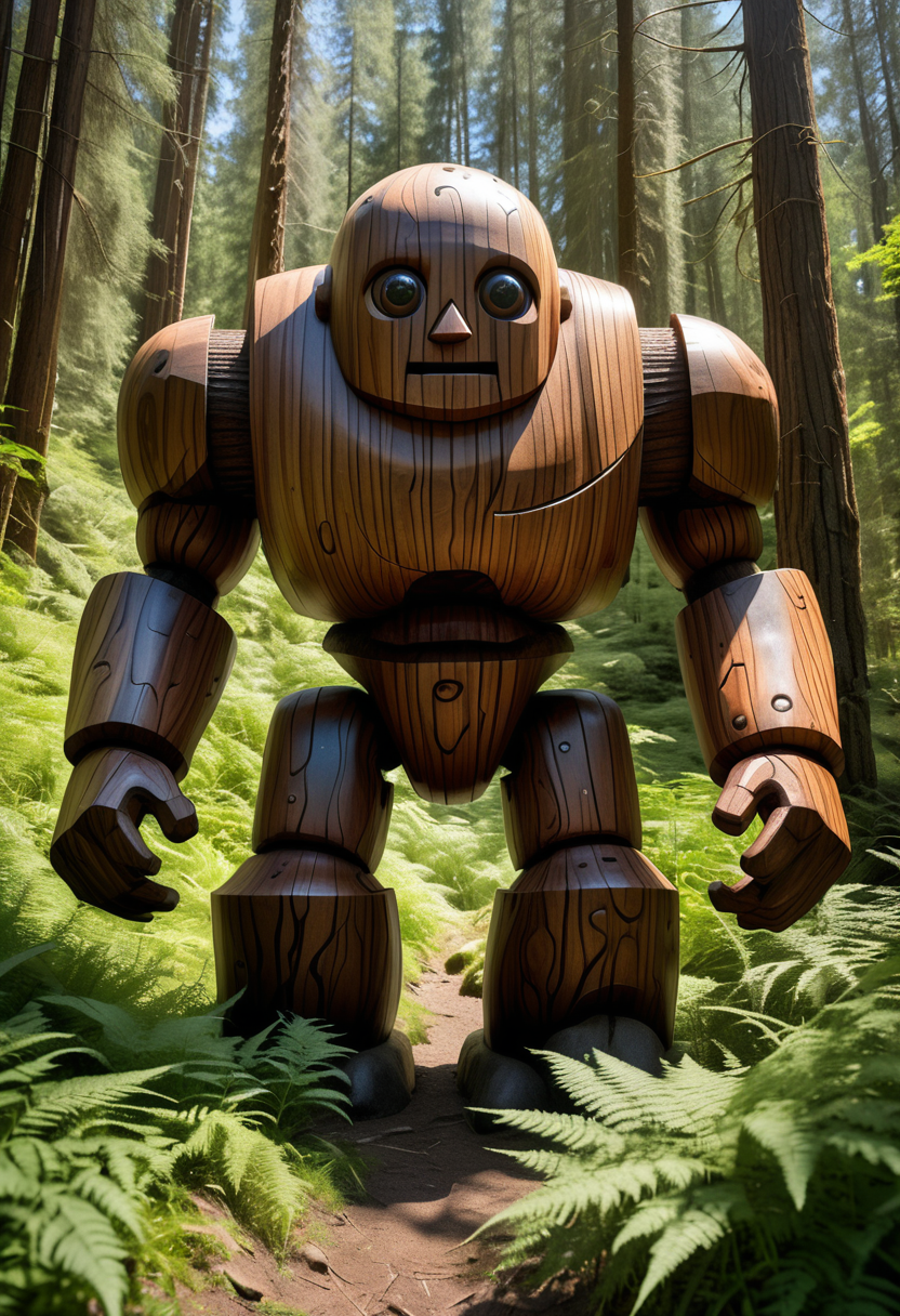 award winning, (professional photo) of (indestructible golem made of wood), cute size, with etched patterns,  set in  mountain, Clearing in the Forest, Sun-dappled glade with tall ferns swaying gently, wildflowers dotting the ground, towering pine trees surrounding the perimeter, a small stream bubbling nearby, , creative, beautiful, vibrant, masterpiece, 64k, UHD, HDR, full view, atmospheric lighting, extremely detailed