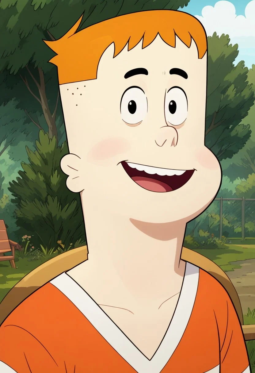 ((White background)),score_9, score_8_up, score_7_up,score_6_up,
1boy, solo, JP_Cotc, light skin, black eyes, small eyes, black eyebrows, orange hair, short hair, long-sleeve orange-white striped hockey jersey, V-neck, tan pants, black shoes, medium stature, big eyes, looking at viewer, cowboyshot, smile