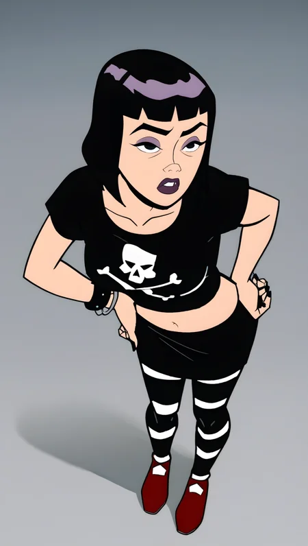 score_9_up, score_8_up, score_7_up, score_6_up, score_5_up, score_4_up, show accurate style, source_cartoon, flat colors,triana, 1girl, solo, black hair, short hair, bob cut, blunt bangs, black eyes, skull print black shirt, midriff, black skirt, black nails, striped leggings, red shoes, bracelets, full body, grey background, from above, dynamic angle, (leaning forward,hand on own hips), frowning,parted lips,  raised eyebrow, Perfect Hands,AddXL, foreshortening, depth of field, from side, 
