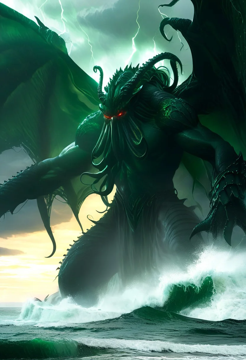 A great, giant, imposing creature, terrifying towering god, cthulhu, dark green skin with shades , glowing amber eyes, great wings on his back on a rock, thunder in background, lightning, glowing eyes, flames in the background, cloudy sky, stormy sea, giant waves, great storm, moody light, by H.R Giger, 4k resolution digital art trending on Artstation and unreal engine 5, hyperrealism, full body shot, glowing eyes, cinematic, epic, masterpiece, surreal, fantasycore, hyperdetailed, ultra realistic, octane render, volumetric lighting, depth of field, bokeh, 8 <lora:Details:0.85>
