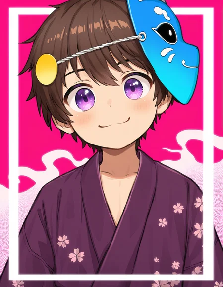 masterpiece, best quality, good quality, luye-style, pink background, white border, 1boy, solo, young, brown hair, purple eyes, smile, japanese clothes, yukata, smiling, upper body, mask on top of head <lora:luye-yuan_naXL_v3c-ShoAI:1>