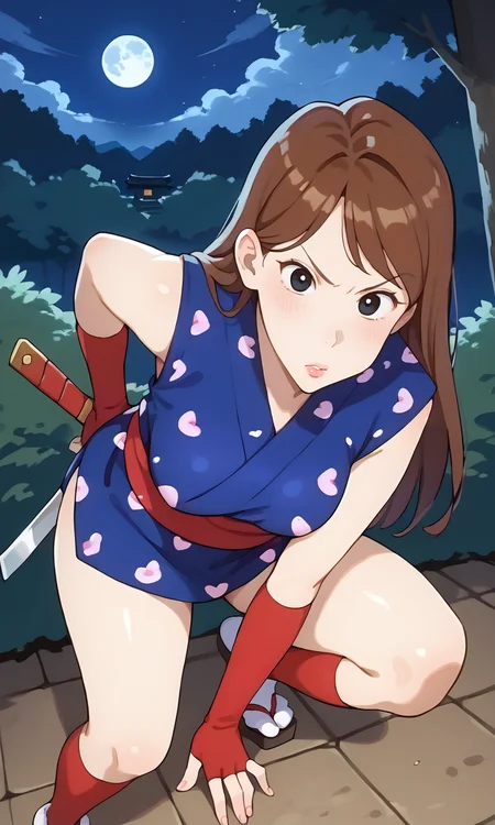 (1girl:1.5), (solo:1.3), (score_9, score_8_up, score_7_up, score_6_up, score_5_up, score_4_up), (source_anime), rating_questionable,
<lora:agent-ogin_v1:0.9> (agent-ogin), (slightly chubby, black eyes, eyelashes, brown hair, long hair, lips), (blue kimono, short dress, japanese clothes, sleeveless, red obi, red fingerless gloves, elbow gloves, red socks, tabi), (large breasts),
outdoor, japanese temple, night, night sky, moon, bush, tree, holding knife, angry, (from above:1.3), squatting, (knee up:1.3), bent over,