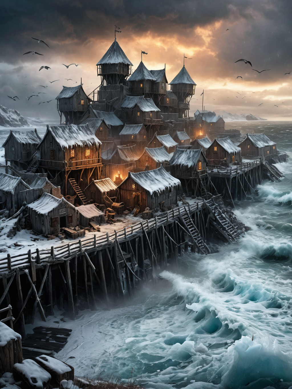 cinematic photography, an icy tundra with a bleak stormy blizzard hits a settlement and ocean. 
34K uhd, masterpiece, high detail, 8k, intricate, detailed, high resolution, high res, high quality, <lora:add-detail-xl:1.8>, highly detailed, Extremely high-resolution details, fine texture,