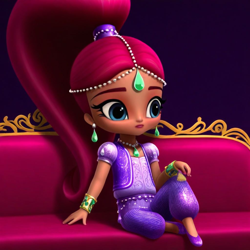 masterpiece, best quality, solo, shimmer_s, 1girl, dark skin, long hair, red hair, blue eyes, ponytail, earrings, necklace, forehead jewel, arabian clothes, break, sitting, sofa