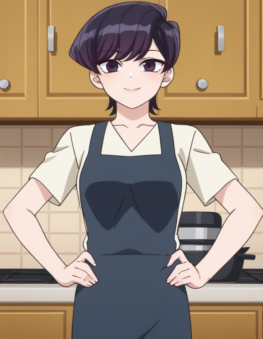score_9, score_8_up, score_7_up, source_anime,
shuukokomi, <lora:shuuko-komi-s1s2-ponyxl-lora-nochekaiser:1>,
shuuko komi, short hair, black hair, black eyes,
shirt, white shirt, short sleeves, pants, apron, denim, jeans, blue apron,
indoors, kitchen, hands on hips, smile,
looking at viewer, cowboy shot, dutch angle, solo,