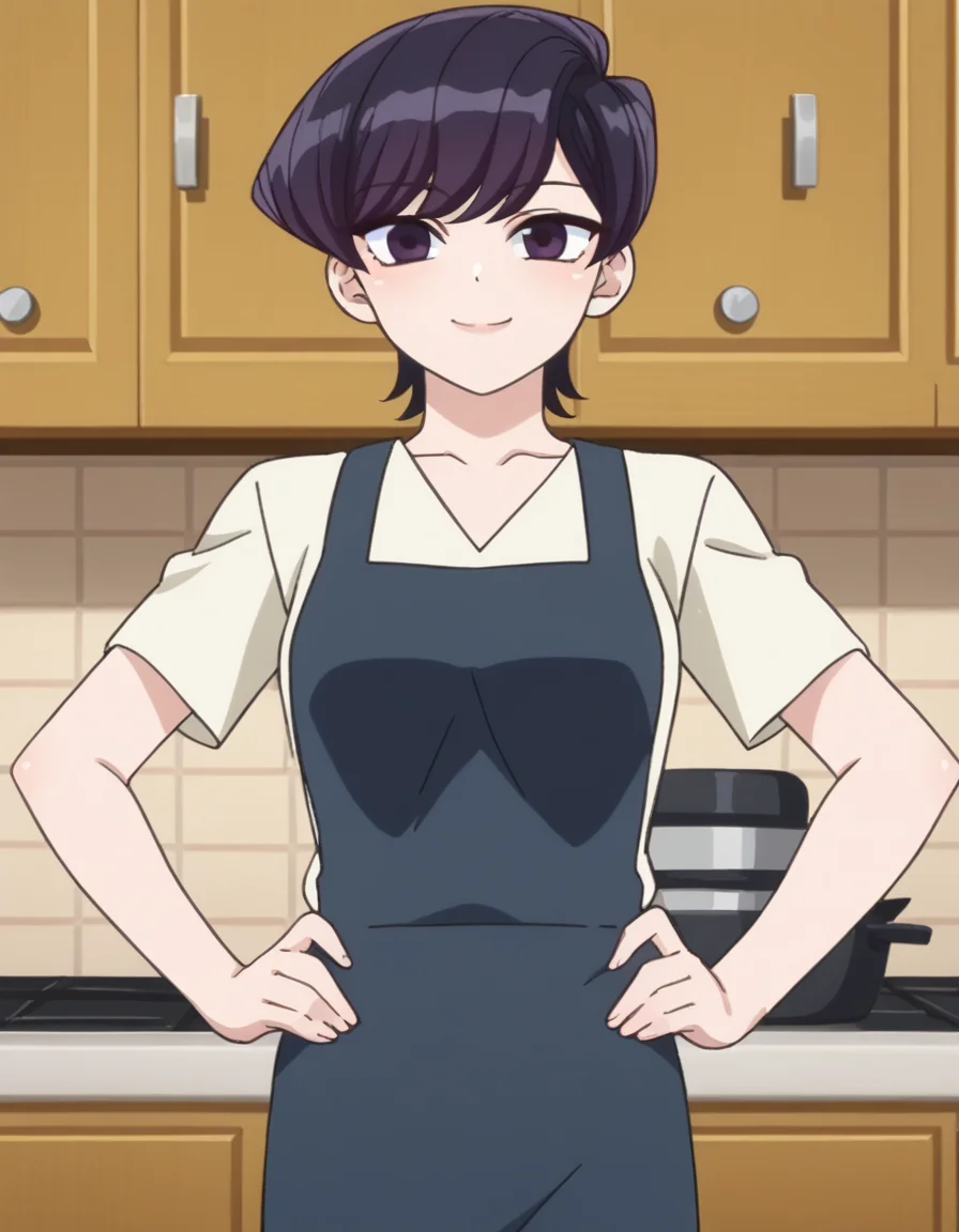 score_9, score_8_up, score_7_up, source_anime,
shuukokomi, <lora:shuuko-komi-s1s2-ponyxl-lora-nochekaiser:1>,
shuuko komi, short hair, black hair, black eyes,
shirt, white shirt, short sleeves, pants, apron, denim, jeans, blue apron,
indoors, kitchen, hands on hips, smile,
looking at viewer, cowboy shot, dutch angle, solo,