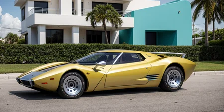 Bertone wedge style , concept art, a futuristic chrome and steel 6 wheeled car , pop up headlights and concave rims, white and gold stripes retrofuturism, 1970s , miami sunset, in front of an art deco house , neon, background is aqua ,photorealistic , leica summilux , fuji velvia