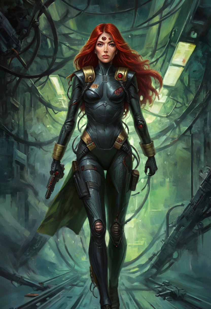 w4rh4mm3r style oil painting, intricate, grimdark,, detailed, fanatical retro military spy, female, damaged stealth body suit, nuclear cyberspace background, (long flowing red hair)
