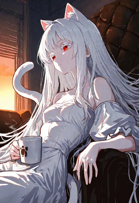 <lora:748cmSDXL:1>, best quality, masterpiece, 748cmstyle, 1girl, white hair, really long hair, red eyes, white eyelashes, small breasts, pale skin, (upper body), white outline, sketch, natural hand pose, white cute girly simple dress, focus on muted purples and orange, small cat ears, cat tail, drinking from steaming mug, relaxed, laying back in arm chair, fall evening, sunset