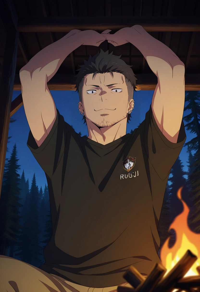 masterpiece, best quality, intricate details, (3d:0.4), , , 1boy, solo, male focus, <lora:ryuuji_suguro_ilxl:0.96>, ryuuji_suguro, black hair, black eyes, short hair, undercut, facial hair, stubble, , from below, cabin, forest, campfire, dark, arms up, :\3,