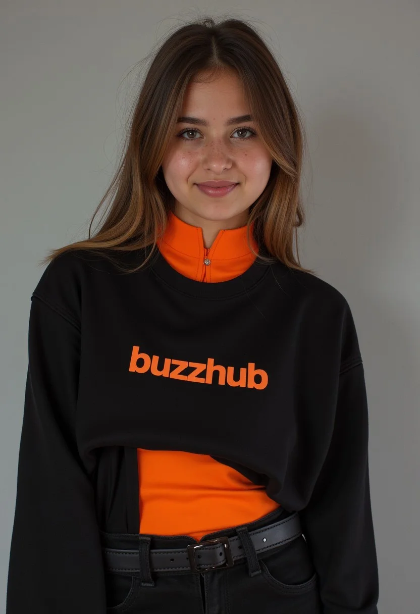 young female, photorealism, black and orange outfit, "buzzhub" written on shirt