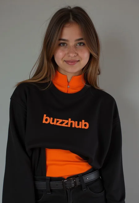 young female, photorealism, black and orange outfit, "buzzhub" written on shirt