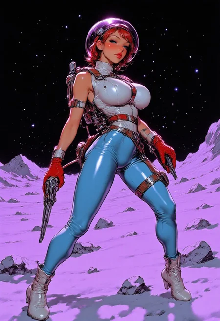 cinematic depiction of a lone woman standing on a desolate purple moon surface, surrounded by the blackness vastness of space. She wears a sleek, form-fitting **light blue retro space suit**, accentuating her slim, athletic physique with subtle muscle definition. She is turning her upper body, showing her front torso to the viewer, from a back side view from the right. Her wide walking action stance is powerful, legs wide apart, perfect ass, pointy big breasts, gripping a **retro-futuristic long pistol** in her right hand, its barrel still smoking.  
A striking contrast of colors enhances her presence—**bold red gloves**, pristine **white talon boots**, and a **large round glass helmet** reflecting the distant stars, seamlessly connected to a breathing backpack via tubes. A **vintage short red hairstyle with a dark hair band across**, red lips, and flawless white skin define her striking appearance. A **white holster** secures to her right thigh, while a **white utility belt** with pouches wraps her waist, adding tactical functionality.
The background is a vast cosmic abyss, **countless white stars** punctuating the darkness, evoking isolation, mystery, and resilience. Intricate details—fabric textures, metallic reflections, and celestial glows—enhance the realism. A composition of contrasts—**vivid color against the cold void, human strength against the unknown** in retro sci-fi perfection. dramatic light, Perfect hand, Detailed hand,