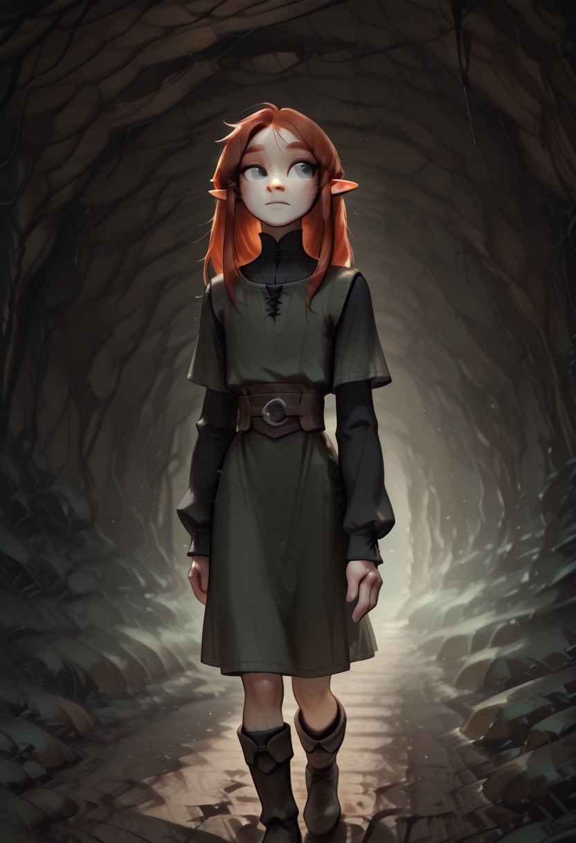 1person, Lapanya, Malgha, freckles, pointy ears, Long-sleeve black shirt, green tunic, high boots,
Close up,
Underground, organic cavern,
Masterpiece, high quality, highly detailed,