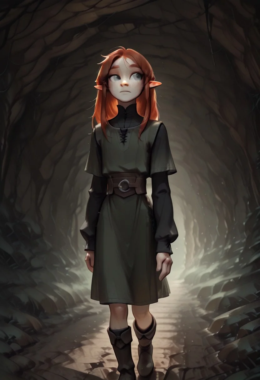 1person, Lapanya, Malgha, freckles, pointy ears, Long-sleeve black shirt, green tunic, high boots,
Close up,
Underground, organic cavern,
Masterpiece, high quality, highly detailed,