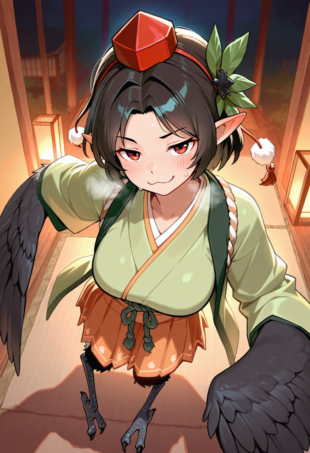masterpiece, best quality, amazing quality, absurdres, solo, warm colors, soft, contrast, dim lighting, dark background, depth of field, 
1girl, 20yo, large breasts,
crowtengumge, pointy ears, tokin hat, monster girl, winged arms, harpy, feathered wings, black wings, tengu, talons, black hair, tokin hat, japanese clothes, pom pom \(clothes\), red eyes, orange skirt, short hair, wide sleeves, green kimono, orange obi, leaf hair ornament, rope belt, hair intakes, layered clothes, green overcoat, curtained hair, split ponytail, hair intakes,
blush, sweat, smug, :3, heavy breathing,
full body,
looking at viewer,   detailed background, cinematic, volumetric lighting,  east asian architecture, 
dynamic angle, dynamic pose, foreshortening, perspective,
<lora:StS-Illustrious-Detail-Slider-v1.0:3>, <lora:illustrious_quality_modifiers_masterpieces_v1:0.5>,<lora:Dramatic Lighting Slider:1.7>
 <lora:crowtengumge-000009:1>