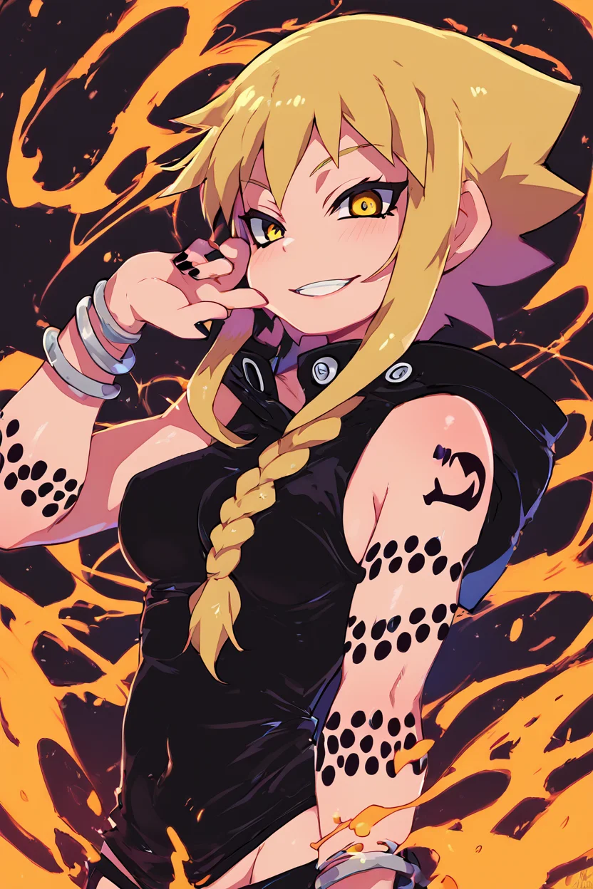 score_9, score_8_up, score_8, medium breasts, (curvy), cute, eyelashes,       BREAK, , zzMedusa, blonde hair, long hair, braid, yellow eyes, tattoo,  hood, jewelry, bracelet, sleeveless, nail polish, hoodie, braid, black nails,  <lora:Medusa_SoulEater_PDXL_v2:1.0>, BREAK, smile, looking at viewer, cowboy shot, ,,, embedding:zPDXL, Expressiveh, ,,, <lora:Zankuro_Style_PDXL:0.8> <lora:SDXLFaeTastic2400:0.5>, <lora:Expressive_H-000001:0.4>,