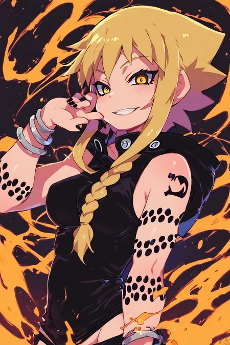 score_9, score_8_up, score_8, medium breasts, (curvy), cute, eyelashes, BREAK, , zzMedusa, blonde hair, long hair, braid, yellow eyes, tattoo, hood, jewelry, bracelet, sleeveless, nail polish, hoodie, braid, black nails, <lora:Medusa_SoulEater_PDXL_v2:1.0>, BREAK, smile, looking at viewer, cowboy shot, ,,, embedding:zPDXL, Expressiveh, ,,, <lora:Zankuro_Style_PDXL:0.8> <lora:SDXLFaeTastic2400:0.5>, <lora:Expressive_H-000001:0.4>,
