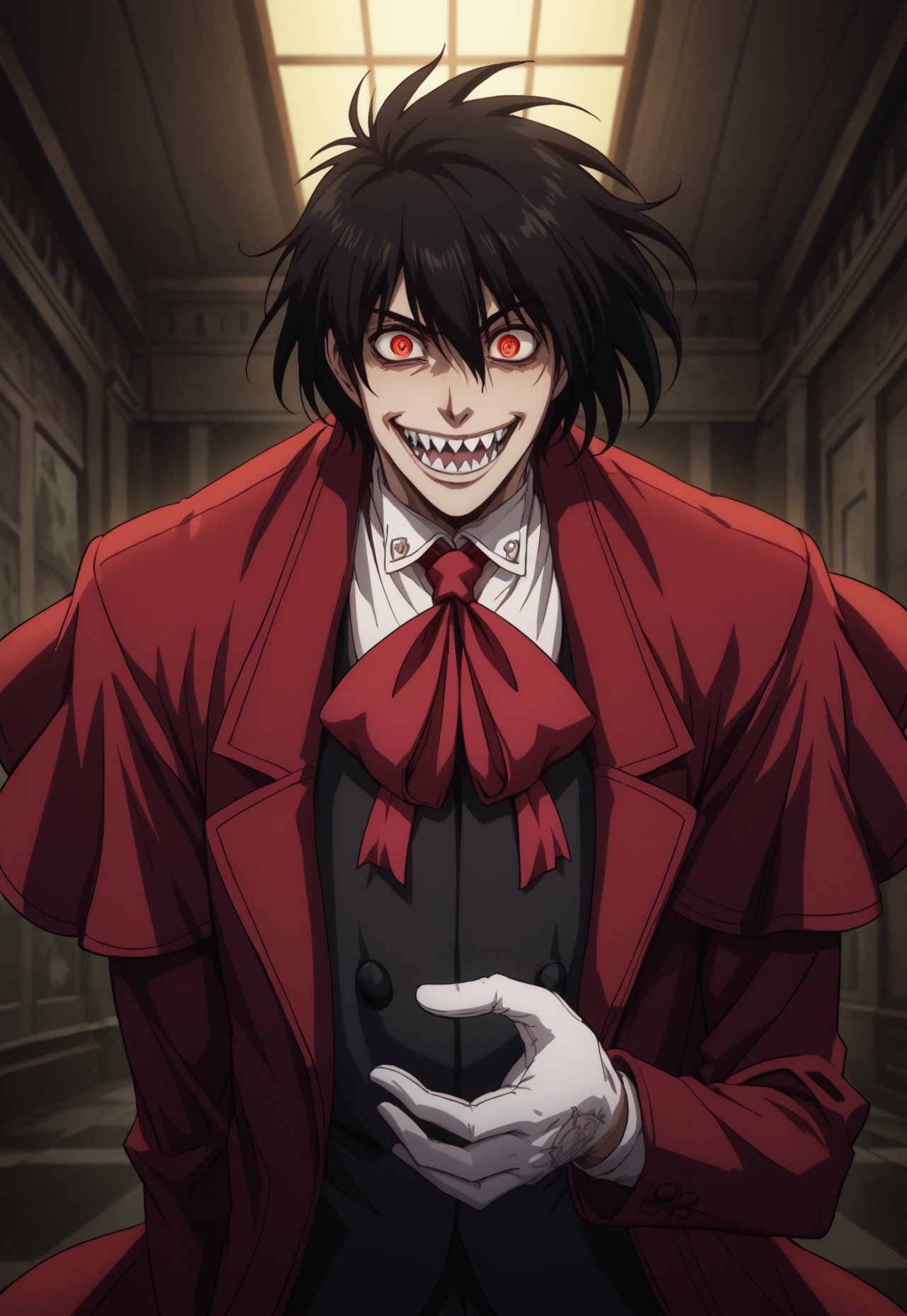 safe_pos, score_9, score_8_up, score_7_up, masterpiece, best quality, amazing quality, Normalucard, solo, 1boy, male focus, black hair, short hair, red coat, red ascot, white shirt, black jacket, white gloves, evil laugh, sharp teeth, crazy eyes, red eyes, looking at viewer, portrait, dynamic pose, perspective, night, dark, horror
