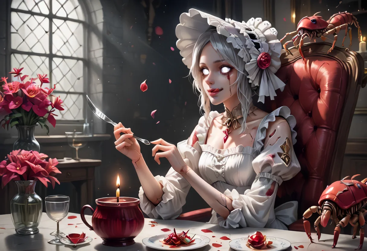 score_9,score_8_up,score_7_up,score_6_up,score_5_up,score_4_up,<lora:Anime_Style_For_Pony:0.5>,source_anime,perfect eyes,girl,1other,blood,blood stain,bonnet,bug,candle,centipede,chair,chalice,cup,doll,doll joints,eating,flower,fork,gem,glass,headdress,joints,licking lips,petals,tongue,tongue out,vase,white eyes,white hair,