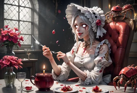 score_9,score_8_up,score_7_up,score_6_up,score_5_up,score_4_up,<lora:Anime_Style_For_Pony:0.5>,source_anime,perfect eyes,girl,1other,blood,blood stain,bonnet,bug,candle,centipede,chair,chalice,cup,doll,doll joints,eating,flower,fork,gem,glass,headdress,joints,licking lips,petals,tongue,tongue out,vase,white eyes,white hair,