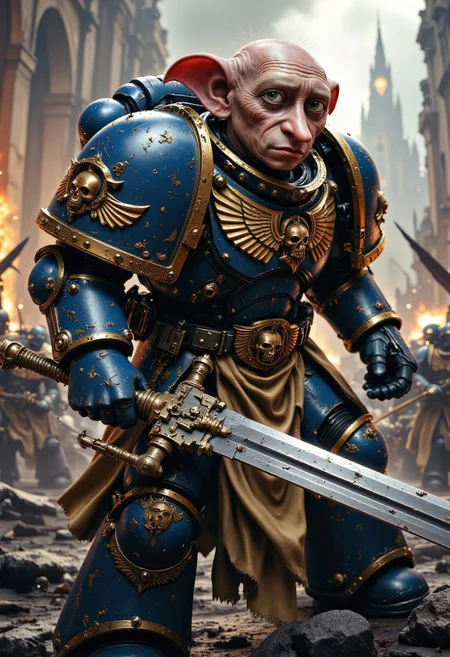 A photorealistic depiction of an Ultramarine Space Marine in full, intricately detailed power armor, wielding a massive sword in one hand. The armor is painted in the iconic blue and gold colors of the Ultramarines, with battle damage and scratches showing its use in countless wars. Instead of a human head, the Space Marine has the comically out-of-place head of Dobby the Elf from Harry Potter. Dobby’s large, expressive eyes and floppy ears poke out of the massive, bulky armor, his face wearing a slightly confused but determined expression, as if he’s trying his best to fit into the grimdark universe. The contrast between Dobby’s small, wrinkled head and the hulking, imposing armor is both hilarious and surreal. In the background, a chaotic battlefield rages, with explosions, smoke, and other Space Marines fighting in the distance