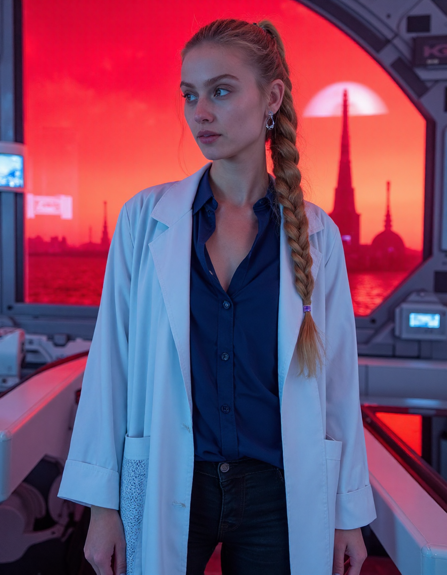 Tall energetic Dutch woman, 19yo blonde braided hair, blue eyes, futuristic lab coat, holographic screens, indoors, , indoors, window, base with domes and spaceships outside, red terrain, red sky, bright lighting, ultra-detailed, 4K <lora:sameface2:-0.6>