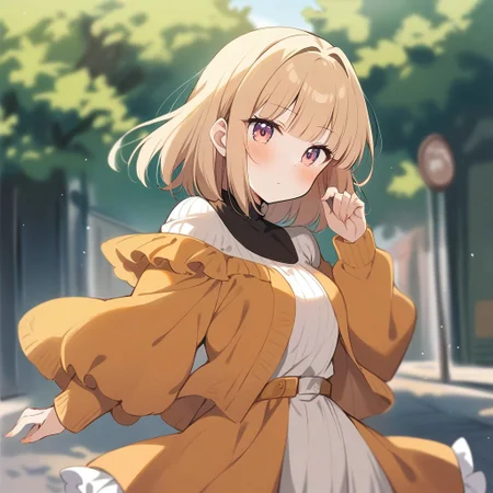 1girl, iijima yun, new game!, aged up, orange dress, frilly dress, outdoors, masterpiece, best quality, absurdres, very aesthetic