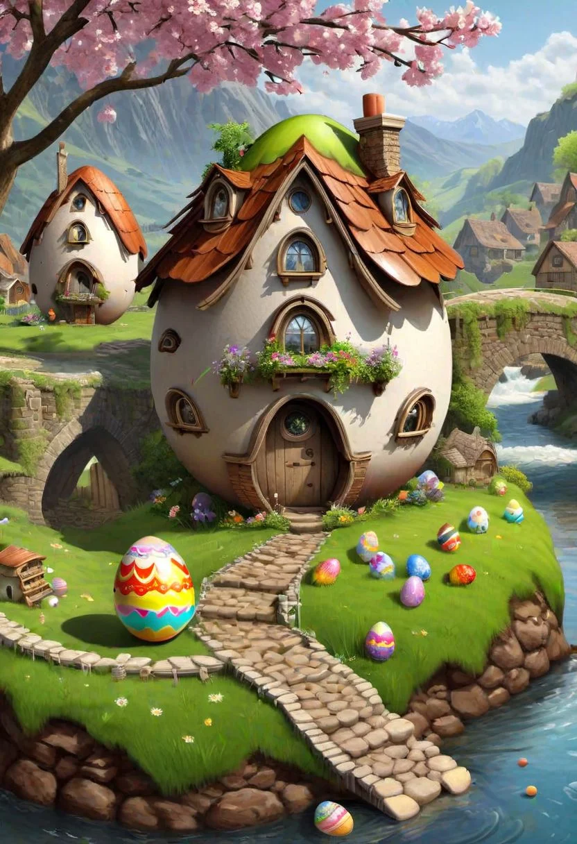 ((masterpiece, best quality)), high resolution, 32k picture, professional render, trending on artstation, 
Easter Egg Home, outdoors, nature, flower, window, grass, door,  village, a village of egg houses near a babbling brook, waterfall, bridge,